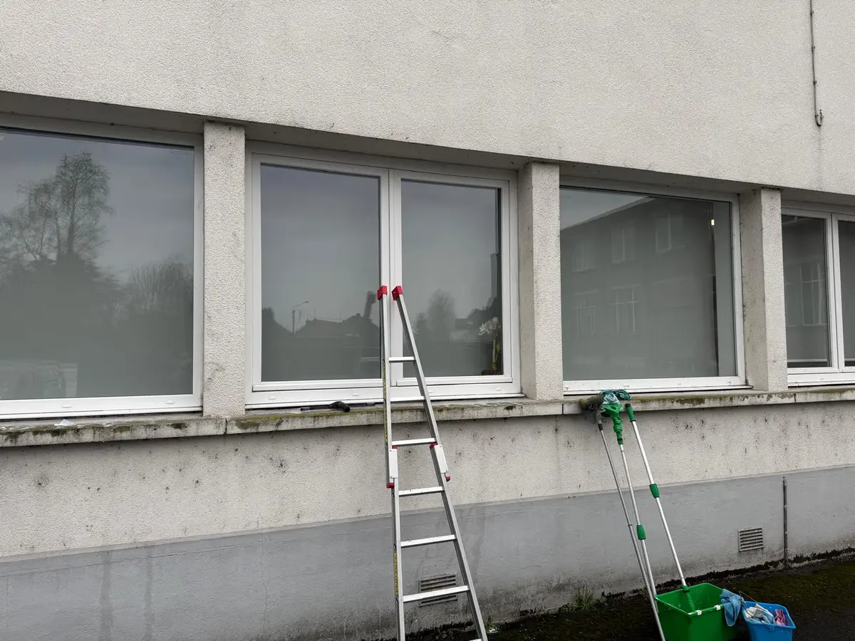Fenêtres blanches en façade d’un bâtiment, avec une échelle contre le mur, une perche à laver et un seau vert au pied