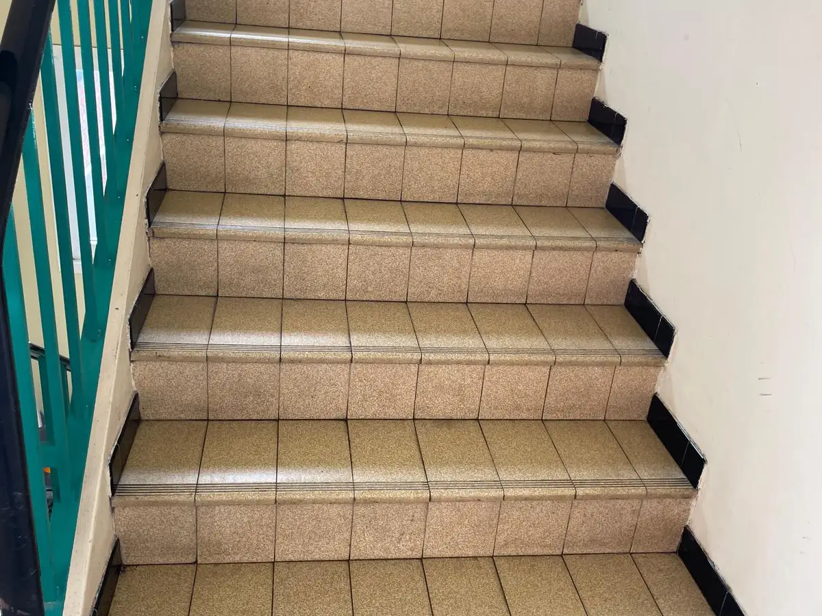 Escalier carrelé beige d’un immeuble, marches et contremarches propres, rampe verte sur la gauche