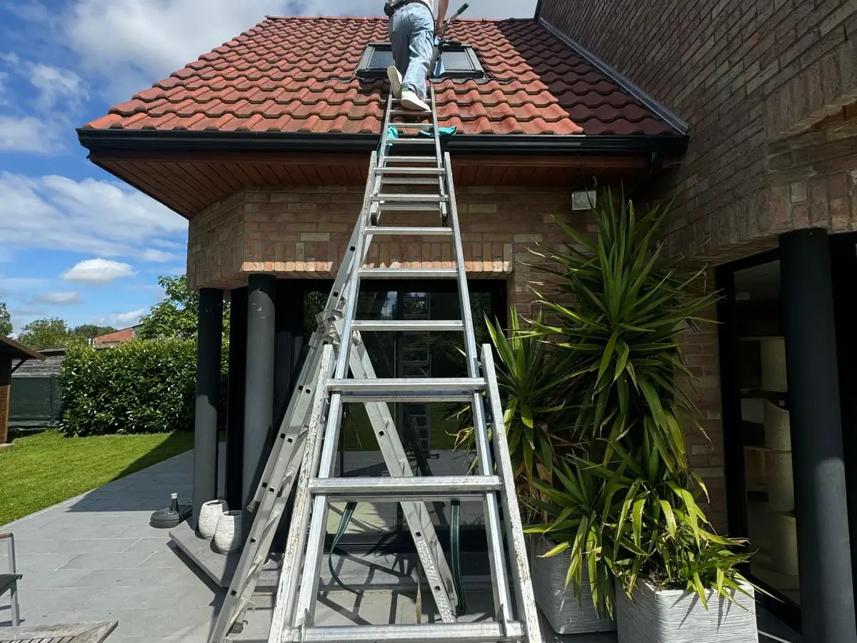Nettoyage d'une fenêtre de toit depuis une échelle au-dessus d'une terrasse