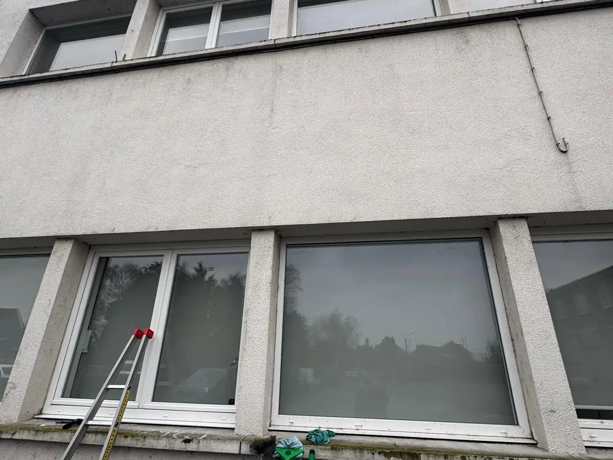 Fenêtres d'un bâtiment nettoyées à la perche télescopique depuis une échelle