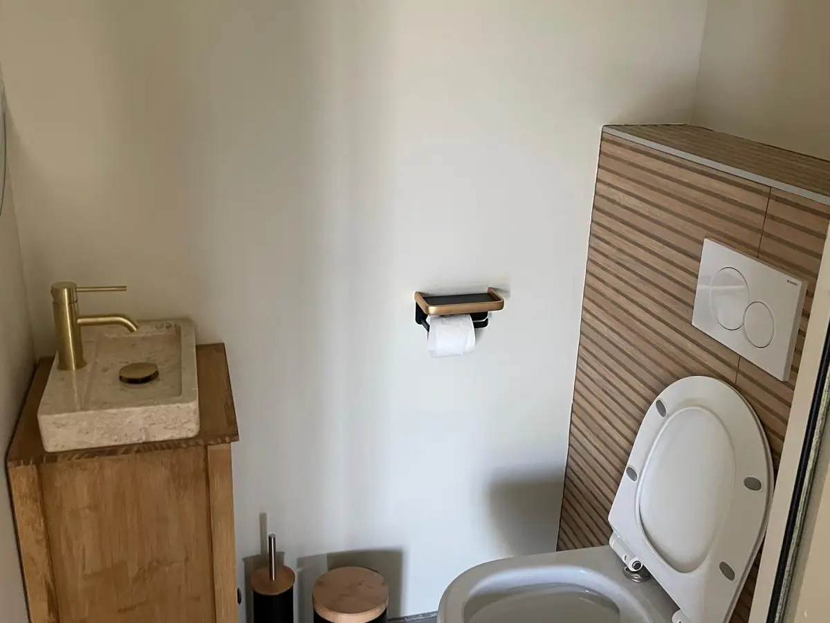 WC neufs avec carrelage bois et vasque en pierre