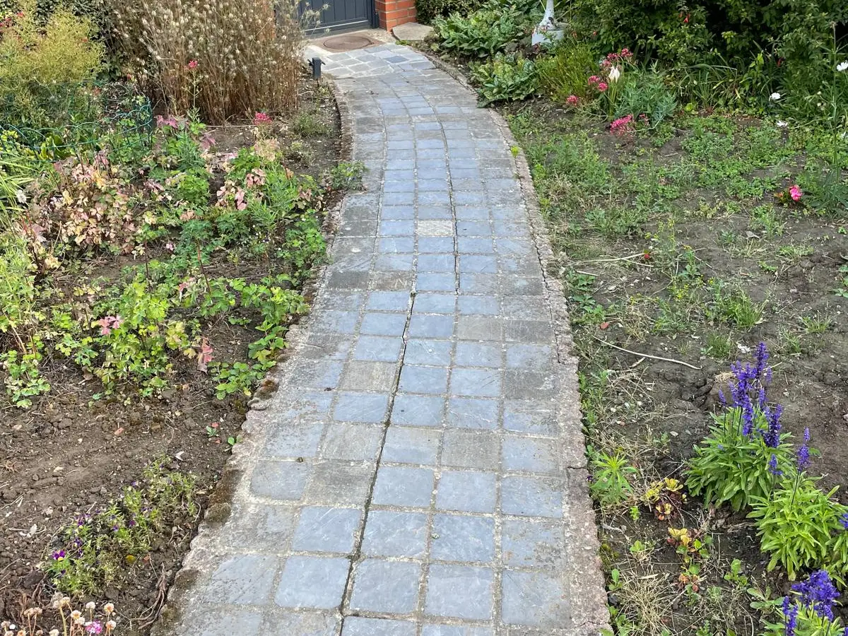 Allée en pavés bleus dans un jardin